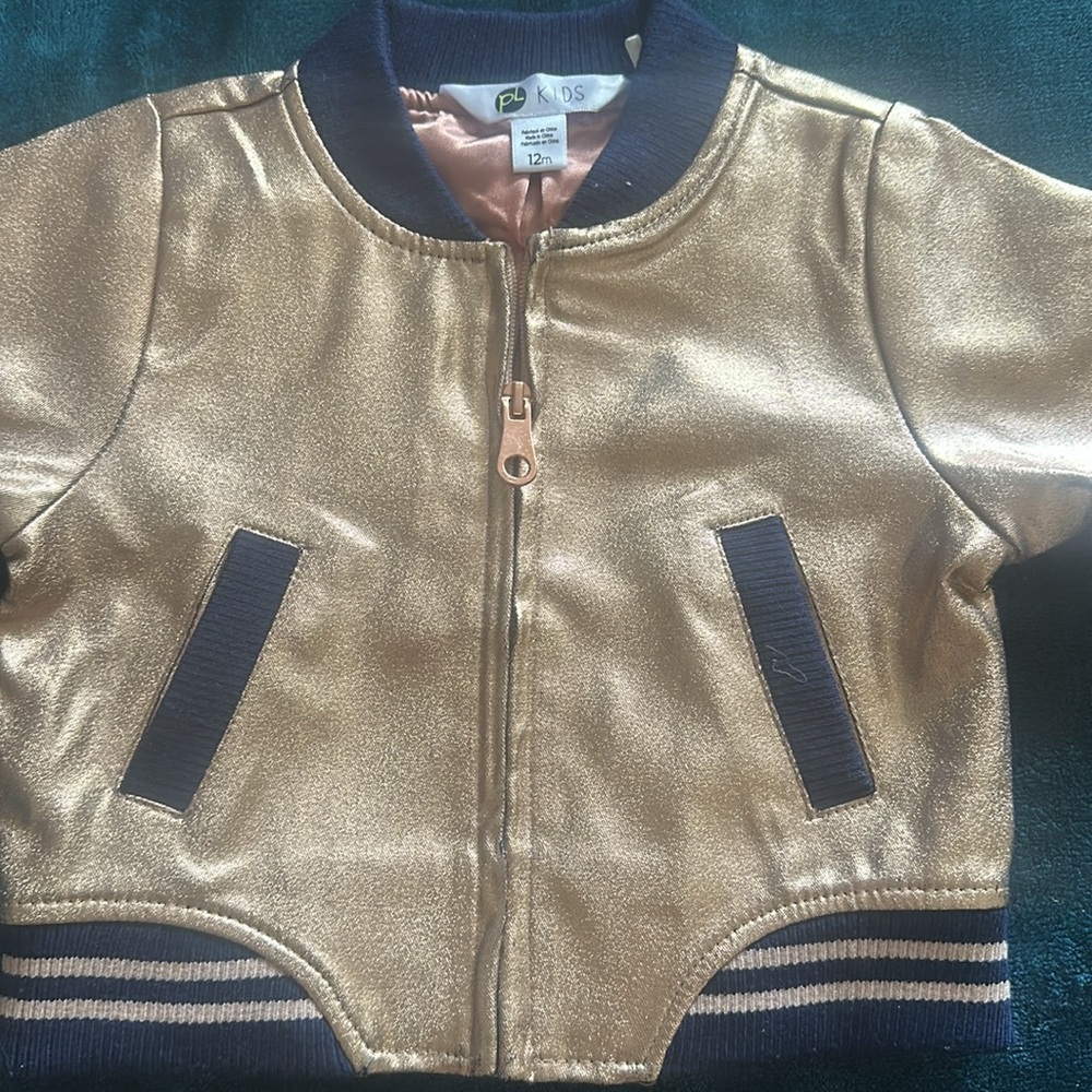 Baby girls rose gold and navy bomber jacket slight markings pictured - Picture 2 of 6